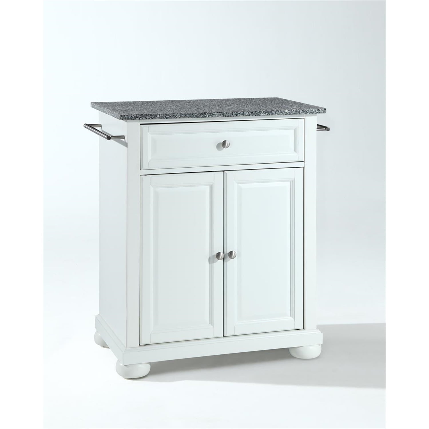 Elegant Alexandria White Kitchen Island with Gray Granite Top and Storage