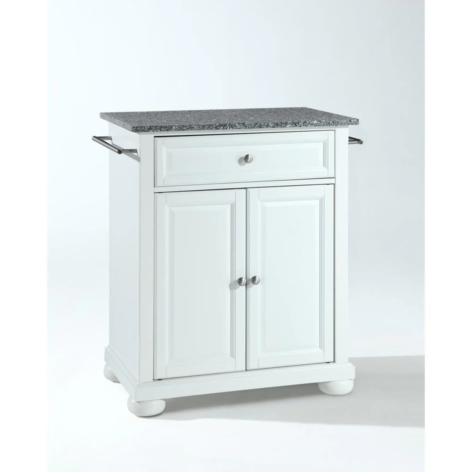 Elegant Alexandria White Kitchen Island with Gray Granite Top and Storage
