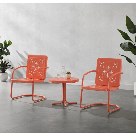 Crosley Furniture Azalea 3Pc Retro Outdoor 2 Chair & Table Set in Coral Gloss