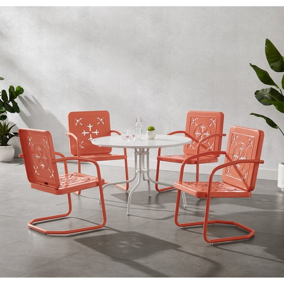 Crosley Furniture Azalea 5Pc Round Retro Outdoor Dining Set in Coral/White Satin