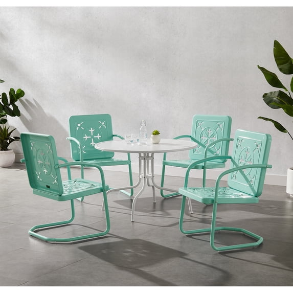Crosley Furniture Azalea 5Pc Round Retro Outdoor Dining Set in Aqua/White Satin
