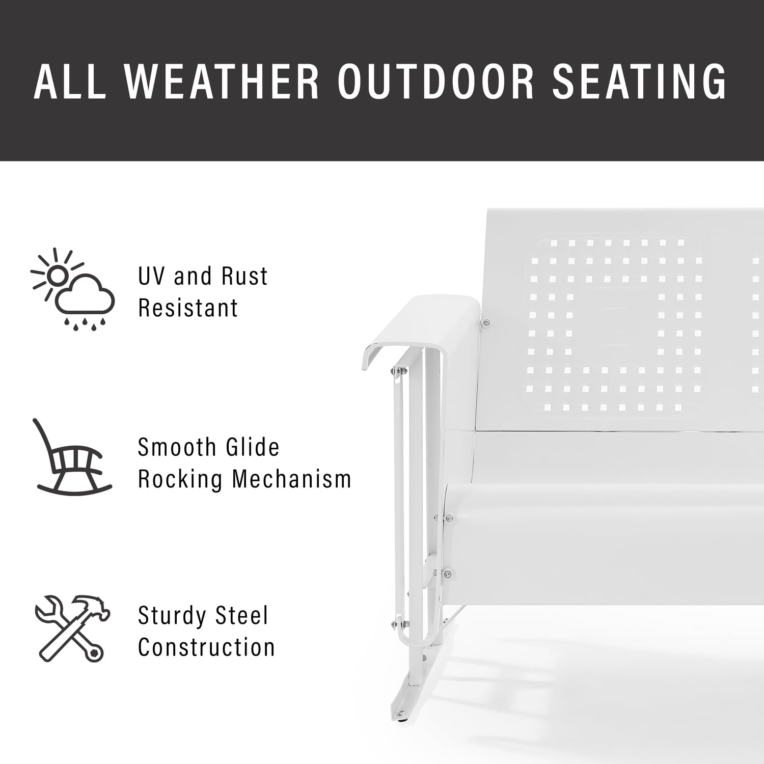 White Powder-Coated Steel Two-Seat Outdoor Loveseat Glider