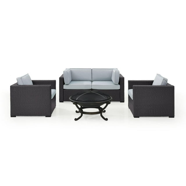 Crosley Furniture Biscayne 4 Person Outdoor Wicker Seating Set In Mist - Two Armchairs, Two Corner Chair, Ashland Firepit