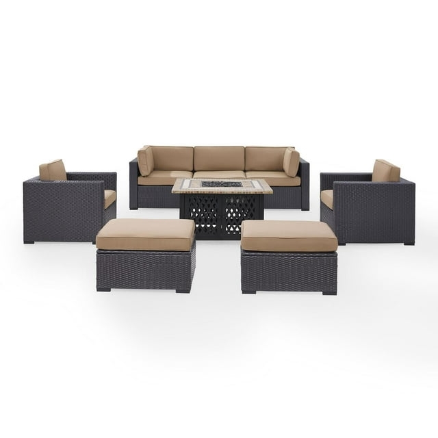 Crosley Furniture Biscayne 7 Piece Metal Patio Fire Pit Sofa Set in Brown/Mocha