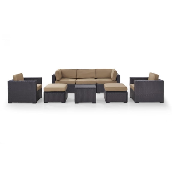 BISCAYNE 7 PERSON OUTDOOR WICKER SEATING SET IN MOCHA - ONE LOVESEAT, TWO ARM CHAIRS, ONE CORNER CHAIR, ONE COFFEE TABLE, TWO OTTOMANS
