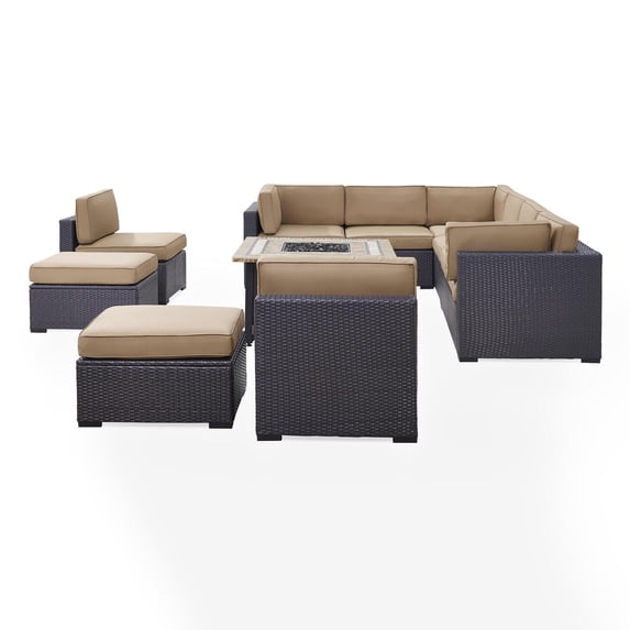 BISCAYNE 10 PERSON OUTDOOR WICKER SEATING SET IN MOCHA - THREE LOVESEATS, TWO ARMLESS CHAIRS, TWO OTTOMANS, TUCSON FIRETABLE