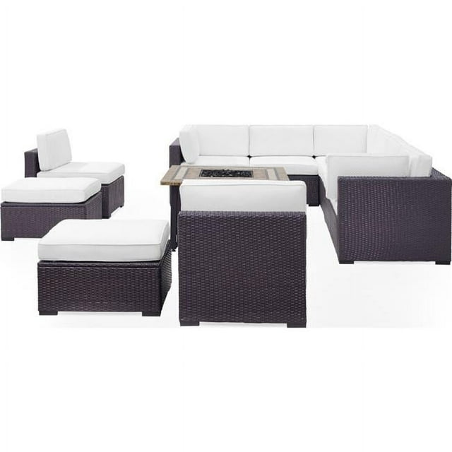 Crosley Furniture Biscayne 8 Piece Fabric Patio Fire Pit Sectional Set in White