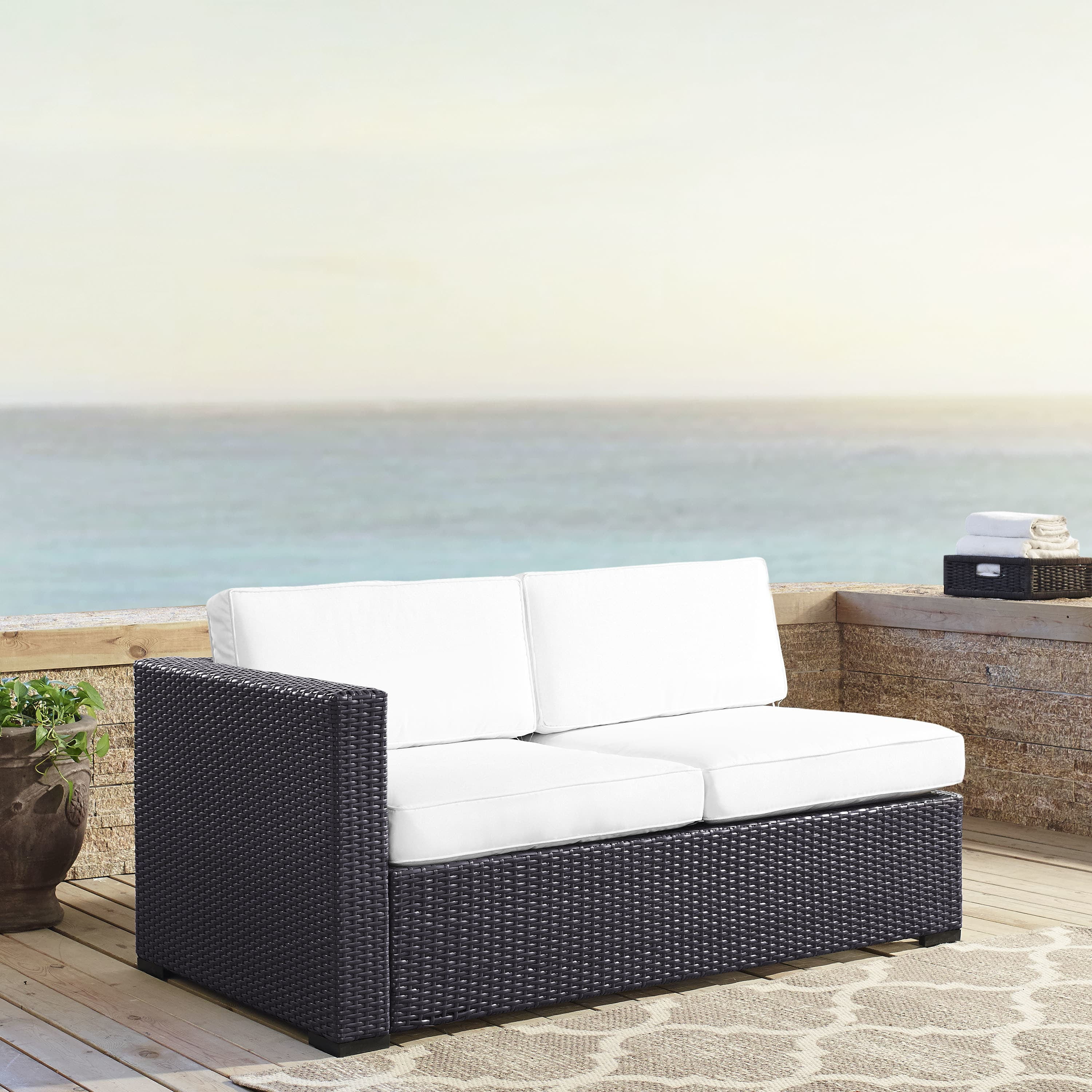 Biscayne White Cushioned Wicker Two-Seat Outdoor Loveseat