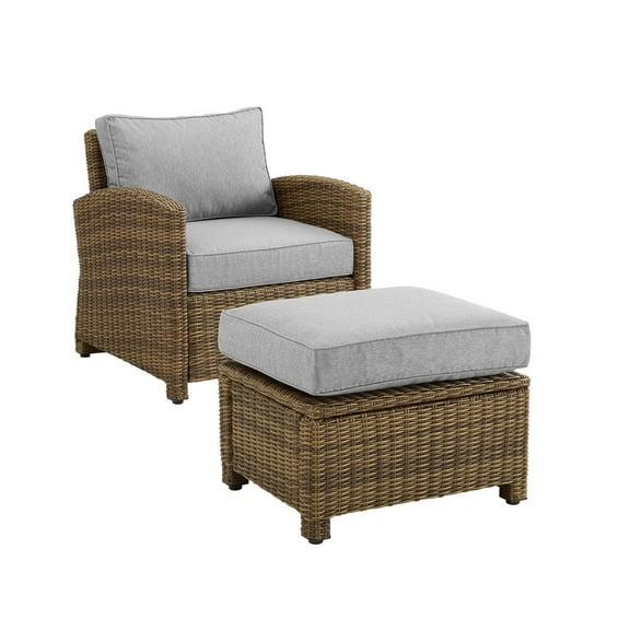 Crosley Furniture Bradenton 2PC Wicker / Rattan Armchair & Ottoman in Gray/Brown
