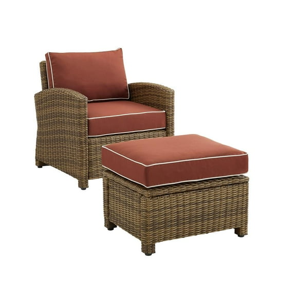 Crosley Furniture Bradenton 2PC Wicker / Rattan Armchair & Ottoman in Red/Brown
