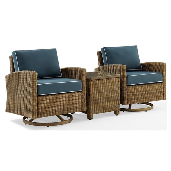 Bradenton 3Pc Outdoor Wicker Swivel Rocker Chair Set Navy/Weathered Brown - Side Table & 2 Swivel Rockers