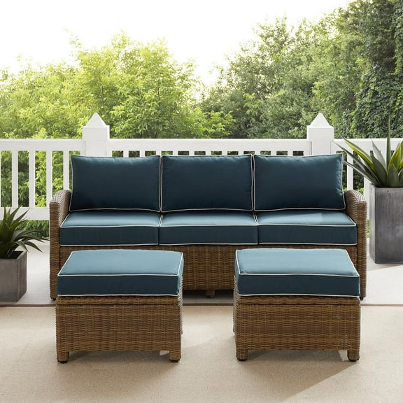 Crosley Furniture Bradenton 3PC Wicker / Rattan Outdoor Sofa Set in Navy/Brown