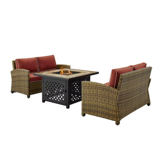 Crosley Furniture Bradenton 3Pc Patio Fabric Fire Pit Sofa Set in Brown/Red