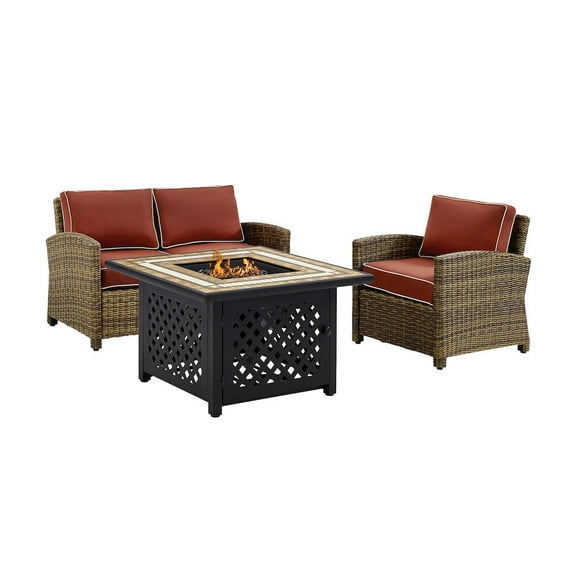 Crosley Furniture Bradenton 3Pc Patio Fabric Fire Pit Sofa Set in Brown/Red