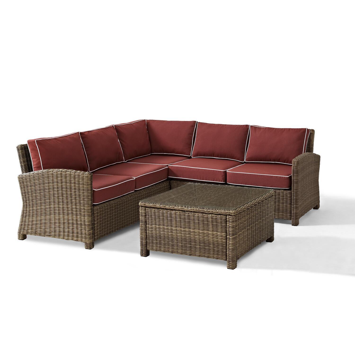 Crosley Furniture Bradenton 4-Piece Outdoor Wicker Seating Set with Sangria Cushions - Right Corner Loveseat, Left Corner Loveseat, Corner Chair, Sectional Glass Top Coffee Table - image 1 of 10