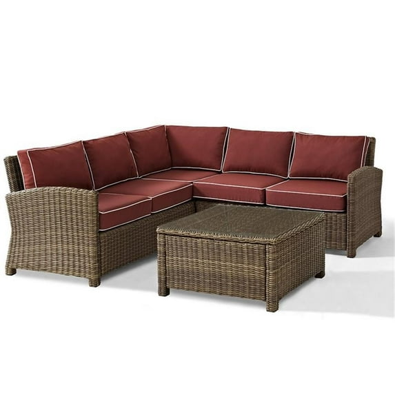 Crosley Furniture Bradenton 4-Piece Outdoor Wicker Seating Set with Sangria Cushions - Right Corner Loveseat, Left Corner Loveseat, Corner Chair, Sectional Glass Top Coffee Table