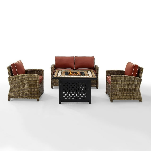 Crosley Furniture Bradenton 4 Piece Patio Fabric Fire Pit Sofa Set in Brown/Red