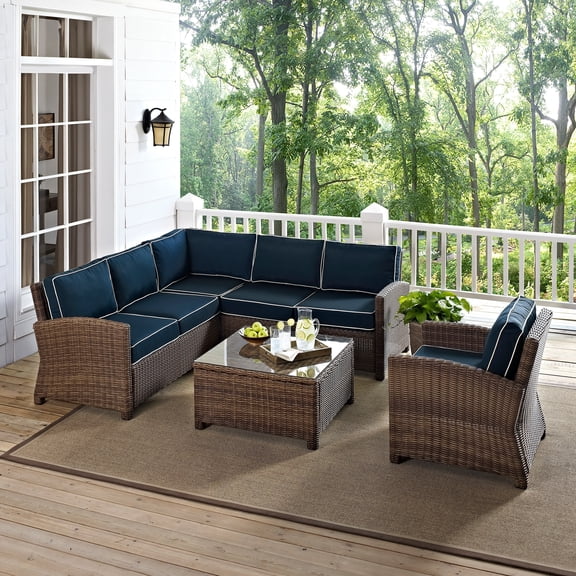 Crosley Furniture Bradenton 5 Pc Fabric Patio Sectional Set in Brown and Navy