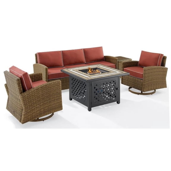Bradenton 5Pc Swivel Rocker And Sofa Set W/Fire Table Sangria/Weathered Brown - Tucson Fire Table, Sofa, Side Table, & 2 Swivel Rockers
