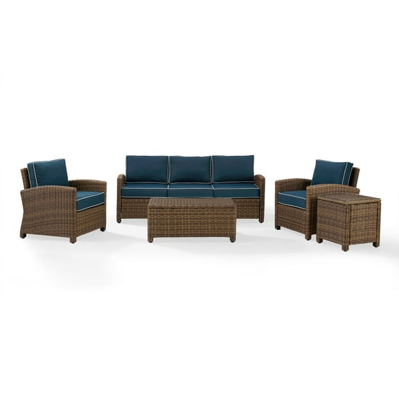 Crosley Furniture Bradenton 5-Piece Outdoor Wicker Sofa Conversation Set with Navy Cushions - Sofa, Two Arm Chairs, Side Table & Glass Top Table