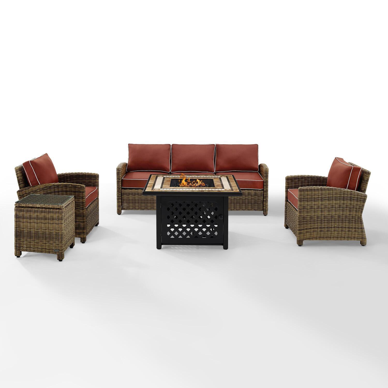 Crosley Furniture Bradenton 5 Piece Patio Fabric Fire Pit Sofa Set in Brown/Red - image 1 of 9