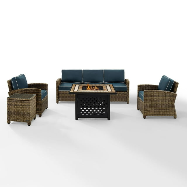 Crosley Furniture Bradenton 5Pc Patio Fabric Fire Pit Sofa Set in Brown and Navy