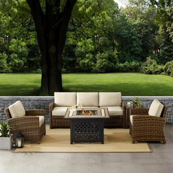 Crosley Furniture Bradenton 5Pc Patio Fabric Fire Pit Sofa Set in Brown and Sand