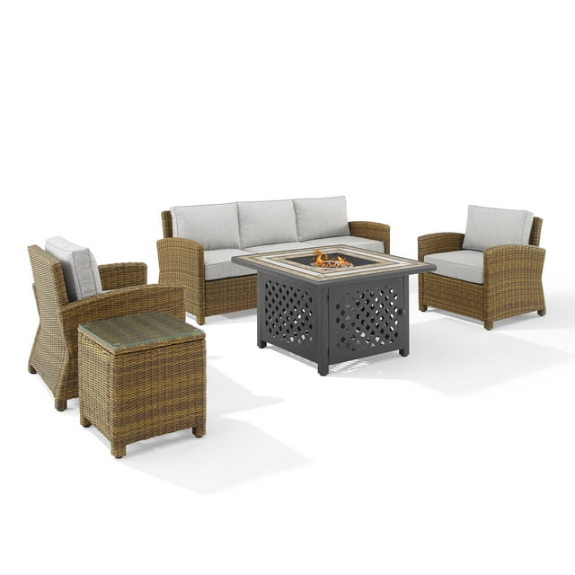 Crosley Furniture Bradenton 5pc Wicker / Rattan Sofa Set & Fire Table in Brown