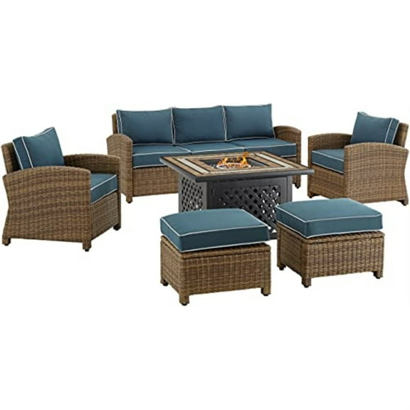 Crosley Furniture Bradenton Navy/Weathered Brown 6 Piece Outdoor Wicker Sofa Set with Fire Table