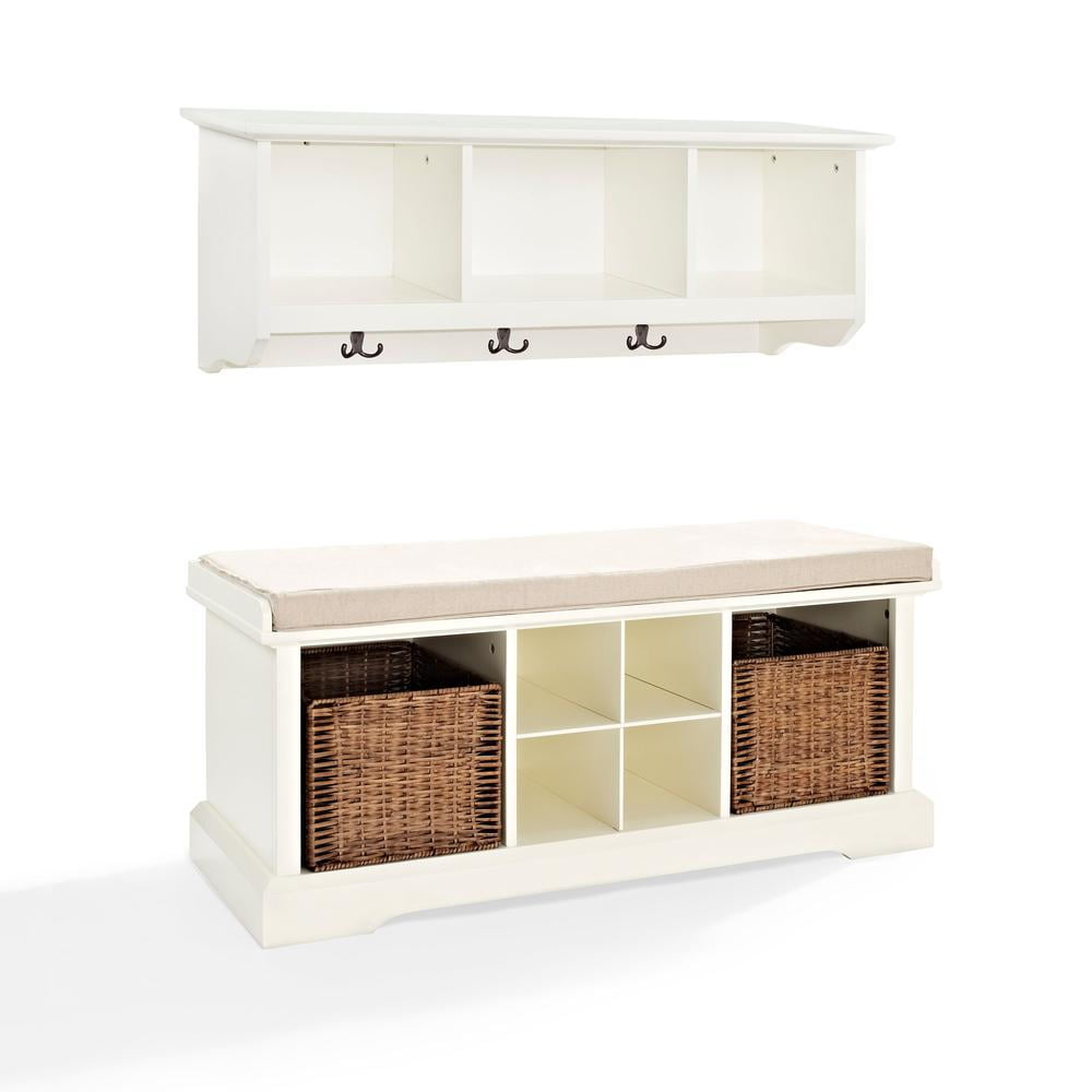 Minimalist Rustic White Entryway Storage Bench with Plinth Base