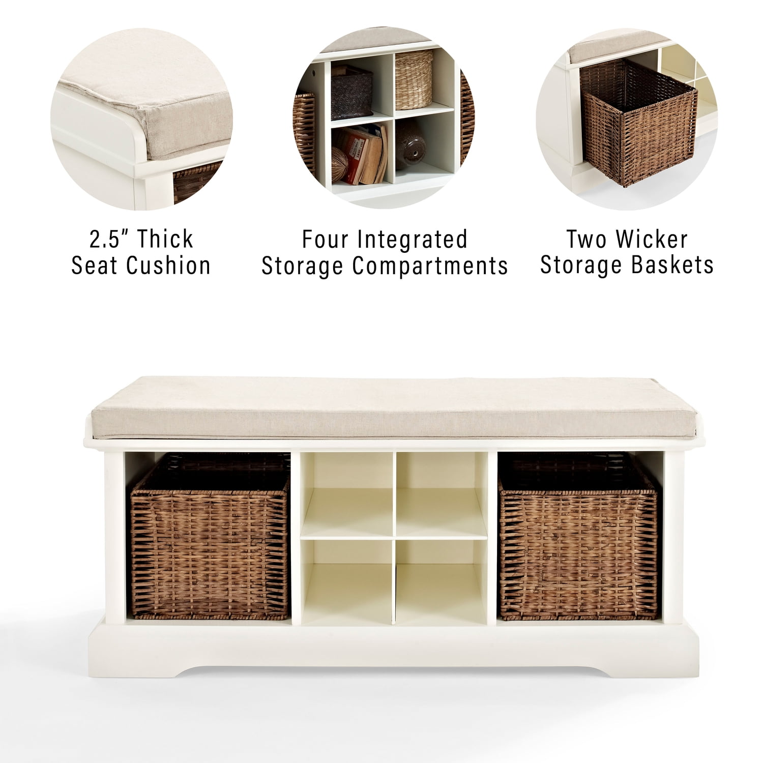 White Rustic Entryway Storage Bench with Wicker Baskets