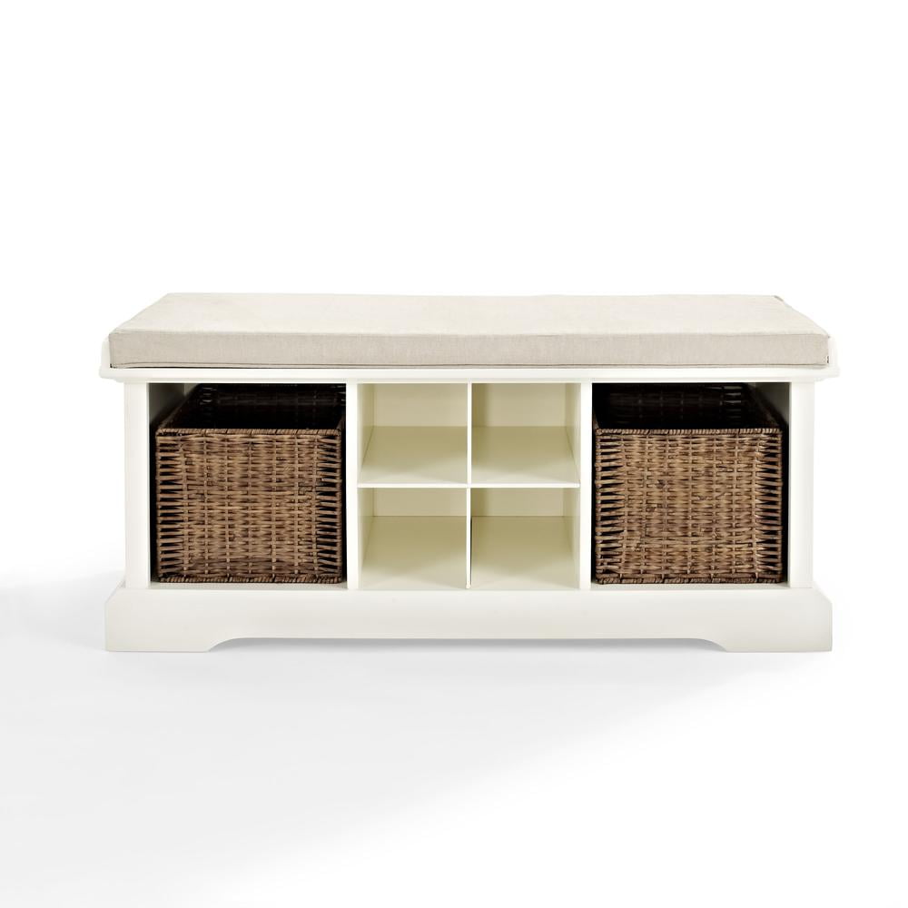 White Rustic Entryway Storage Bench with Wicker Baskets