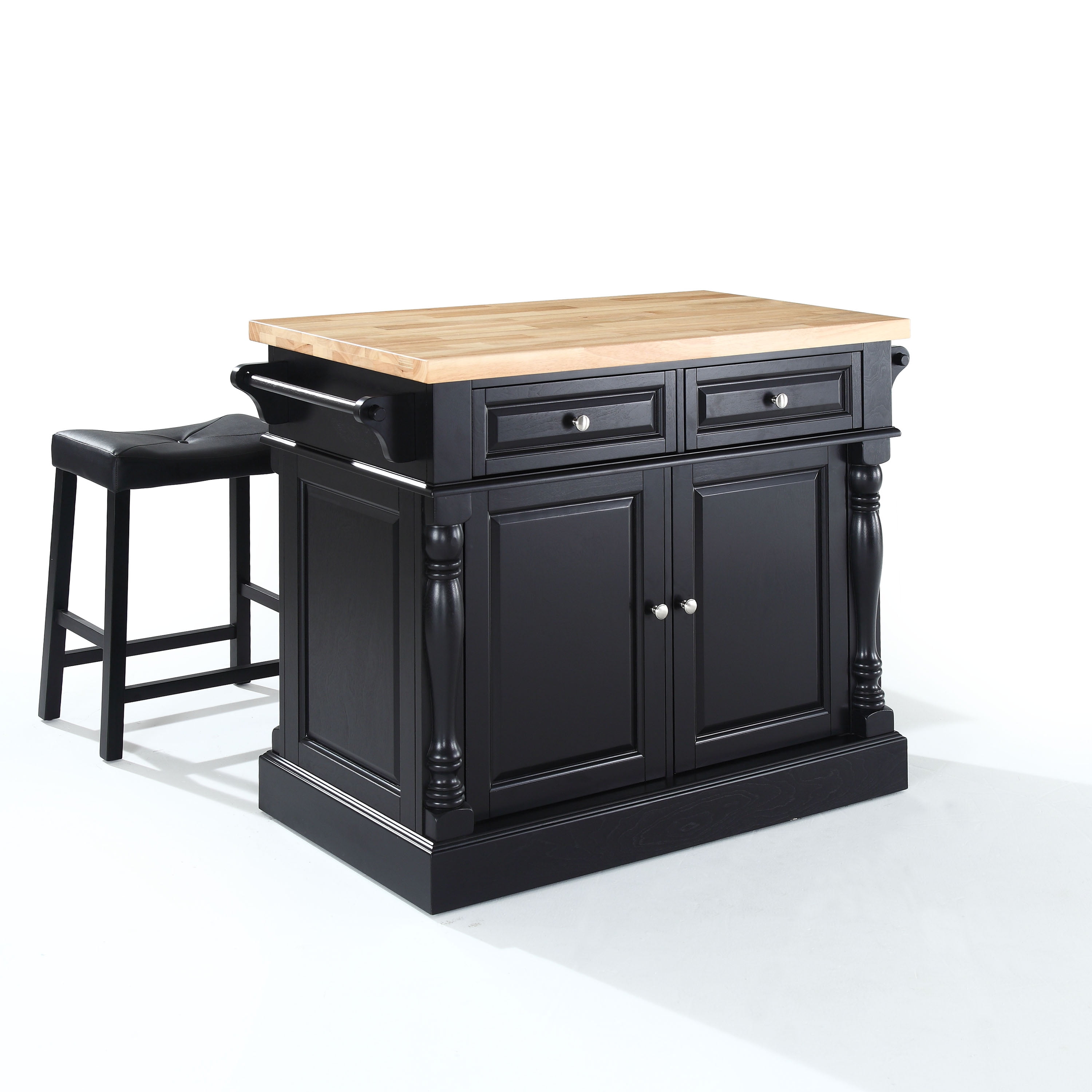 Crosley Furniture Butcher Block Top Kitchen Island with Upholstered Saddle Stools, Multiple