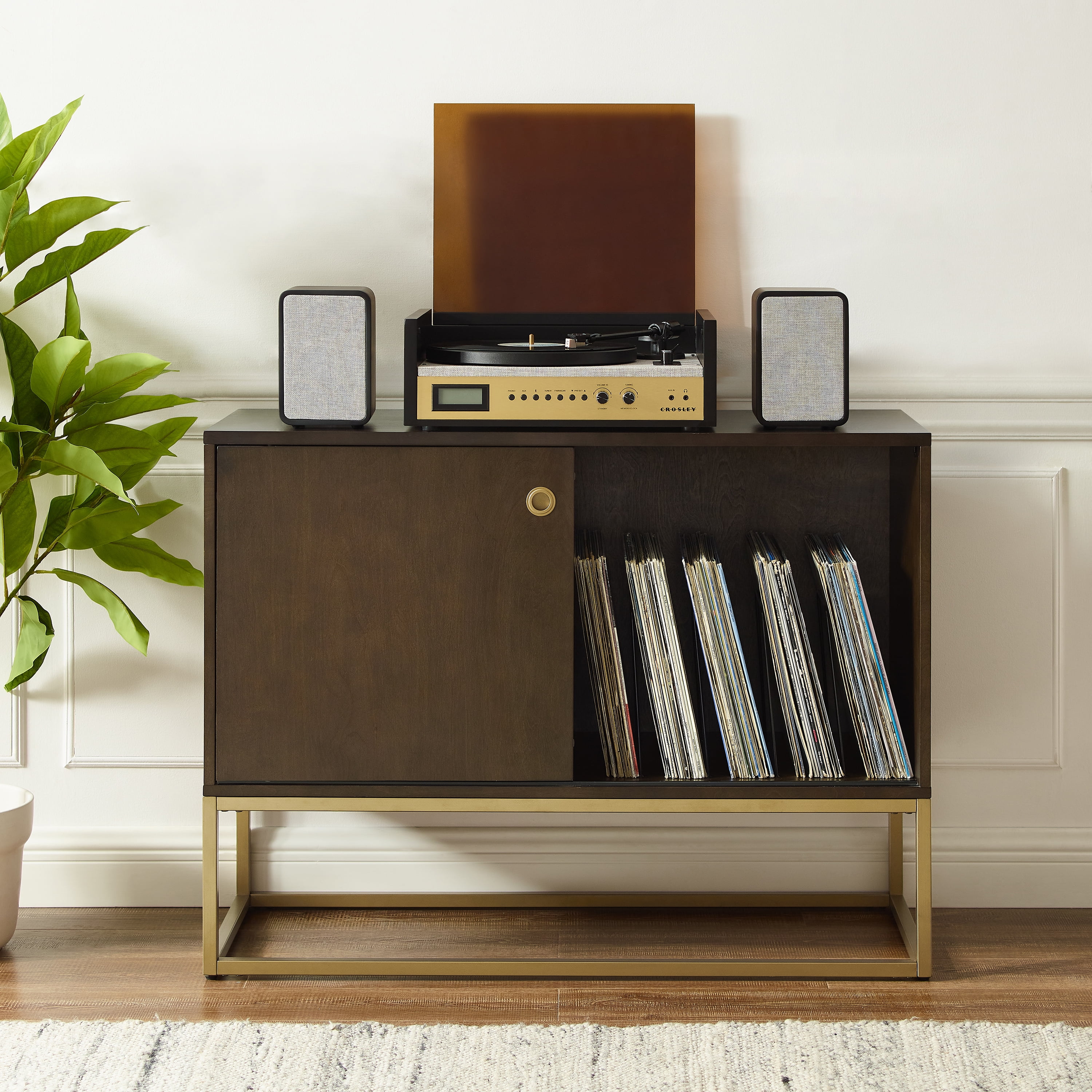 Byron Dark Brown and Gold Media Console with Vinyl Storage