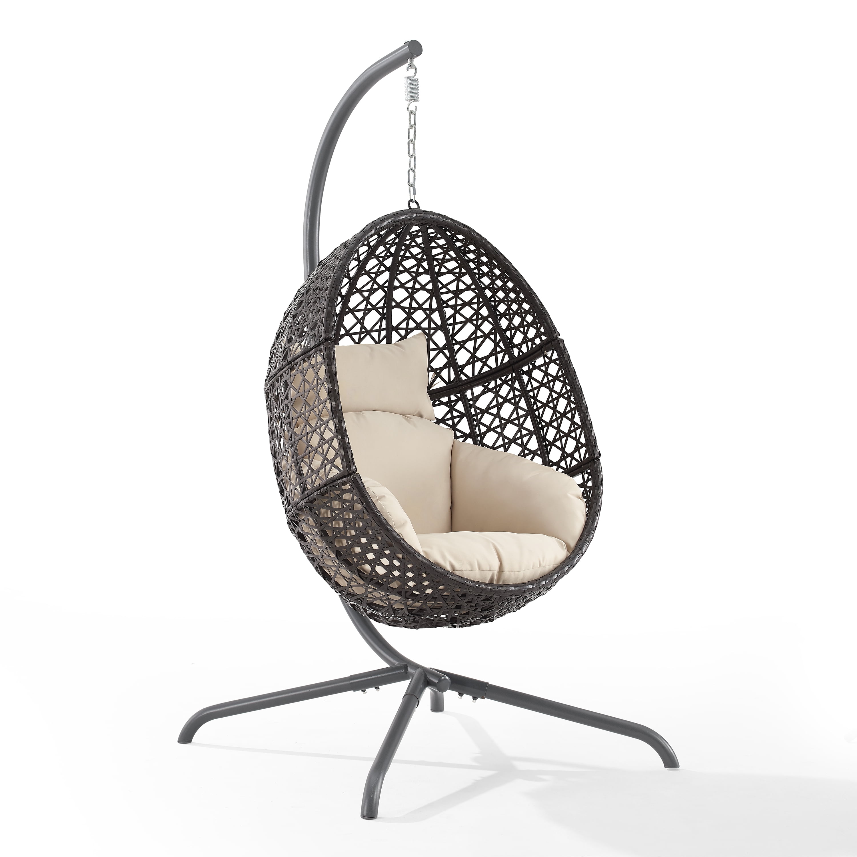 Brown Wicker Hanging Egg Chair with Sand Cushions