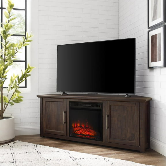 Crosley Furniture Camden 58"Wood Corner TV Stand with Fireplace in Dark Walnut