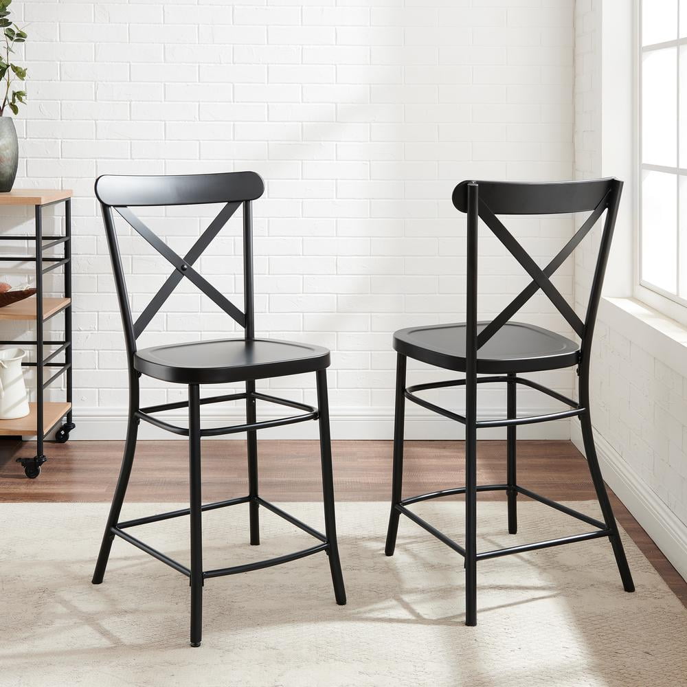 French Industrial Revival Matte Black Steel Counter Stools, Set of 2