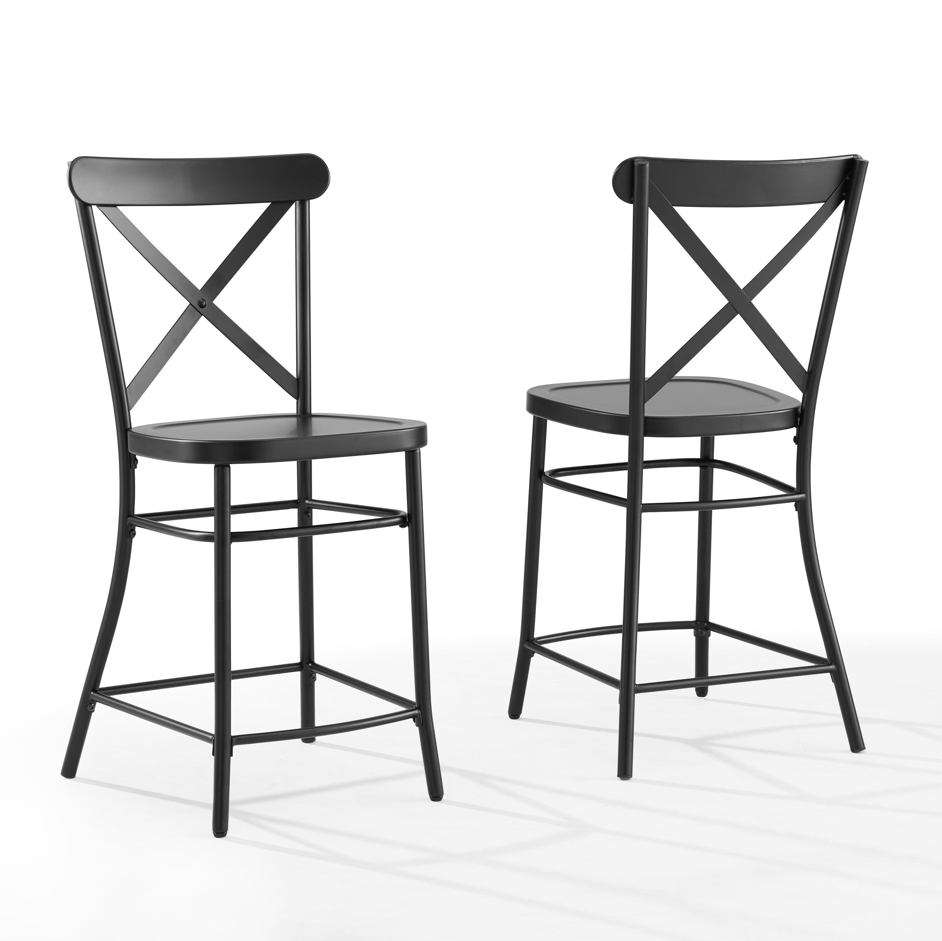 French Industrial Revival Matte Black Steel Counter Stools, Set of 2