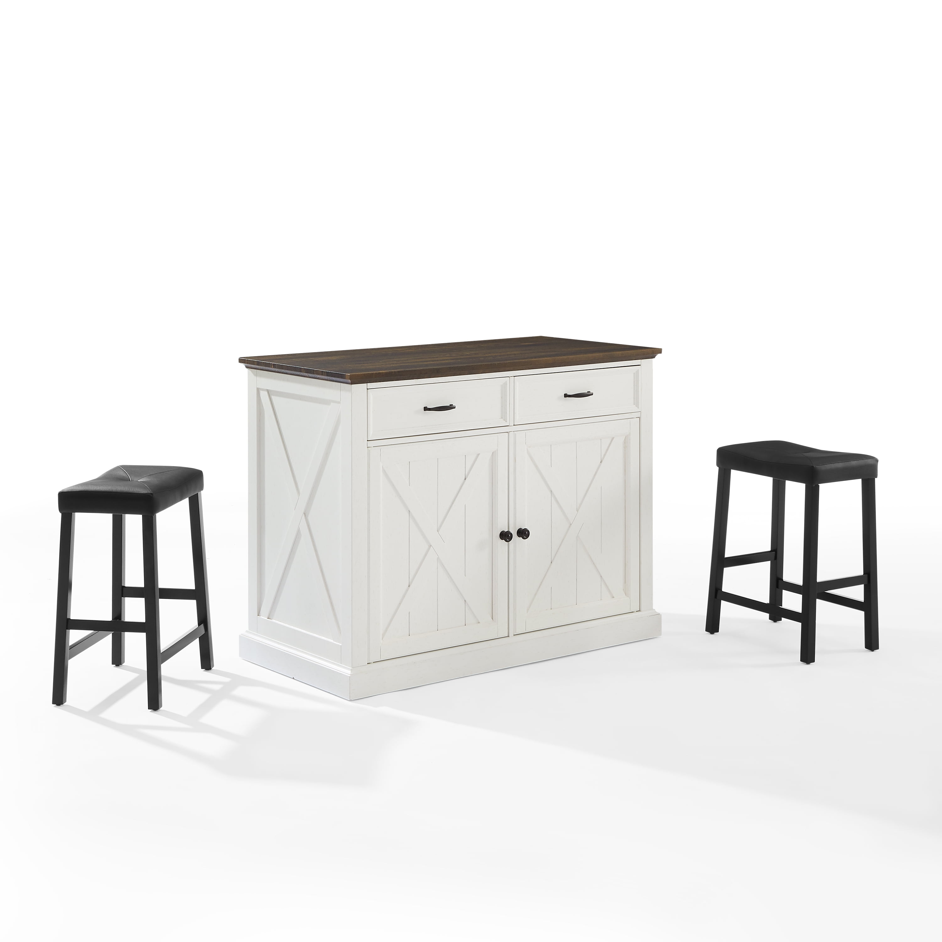 Distressed White Kitchen Island with Black Stools