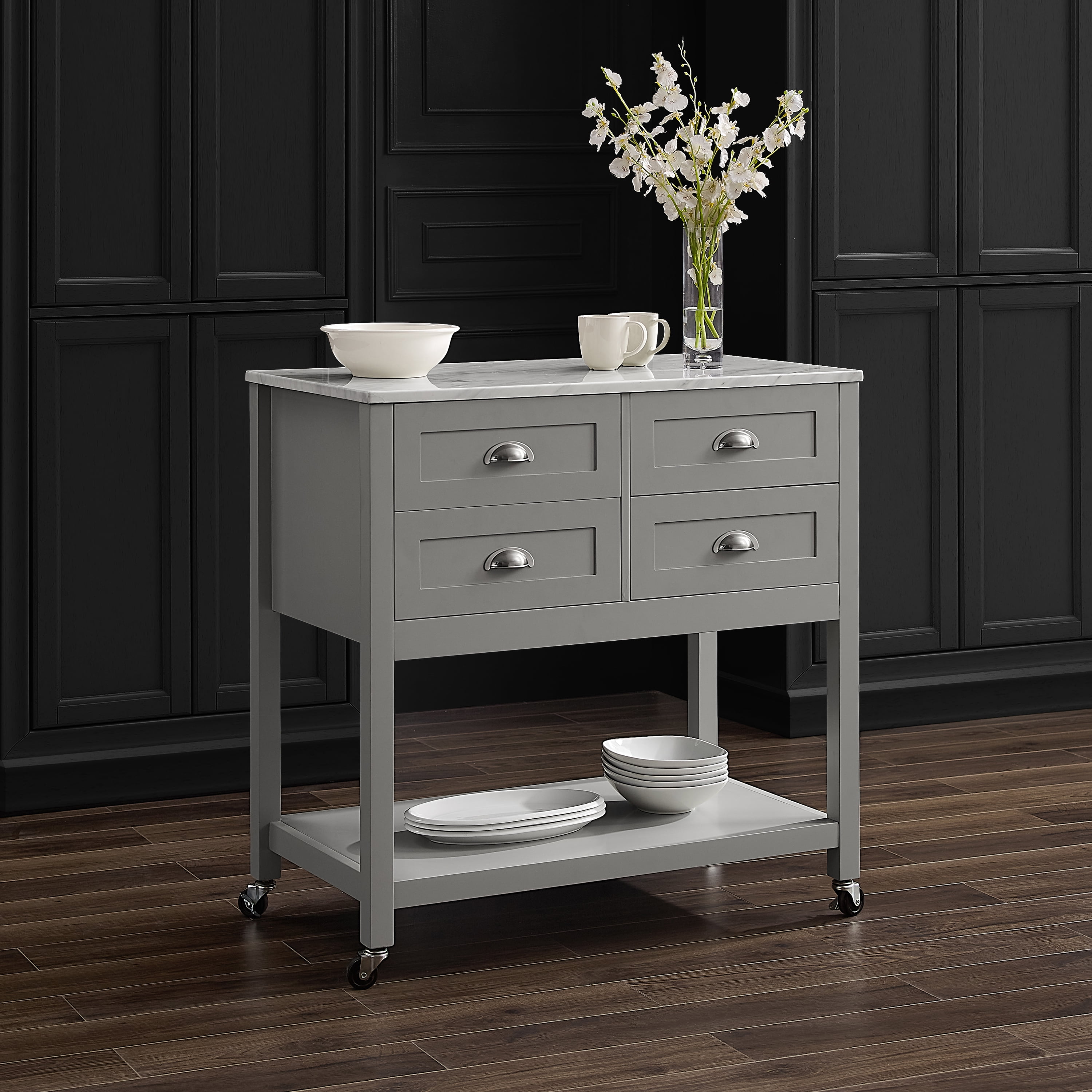 Elegant Gray Kitchen Cart with Faux Marble Top and Ample Storage