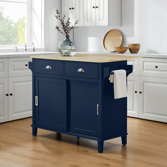 Crosley Furniture Cora Drop Leaf Traditional Wood Kitchen Island in Navy