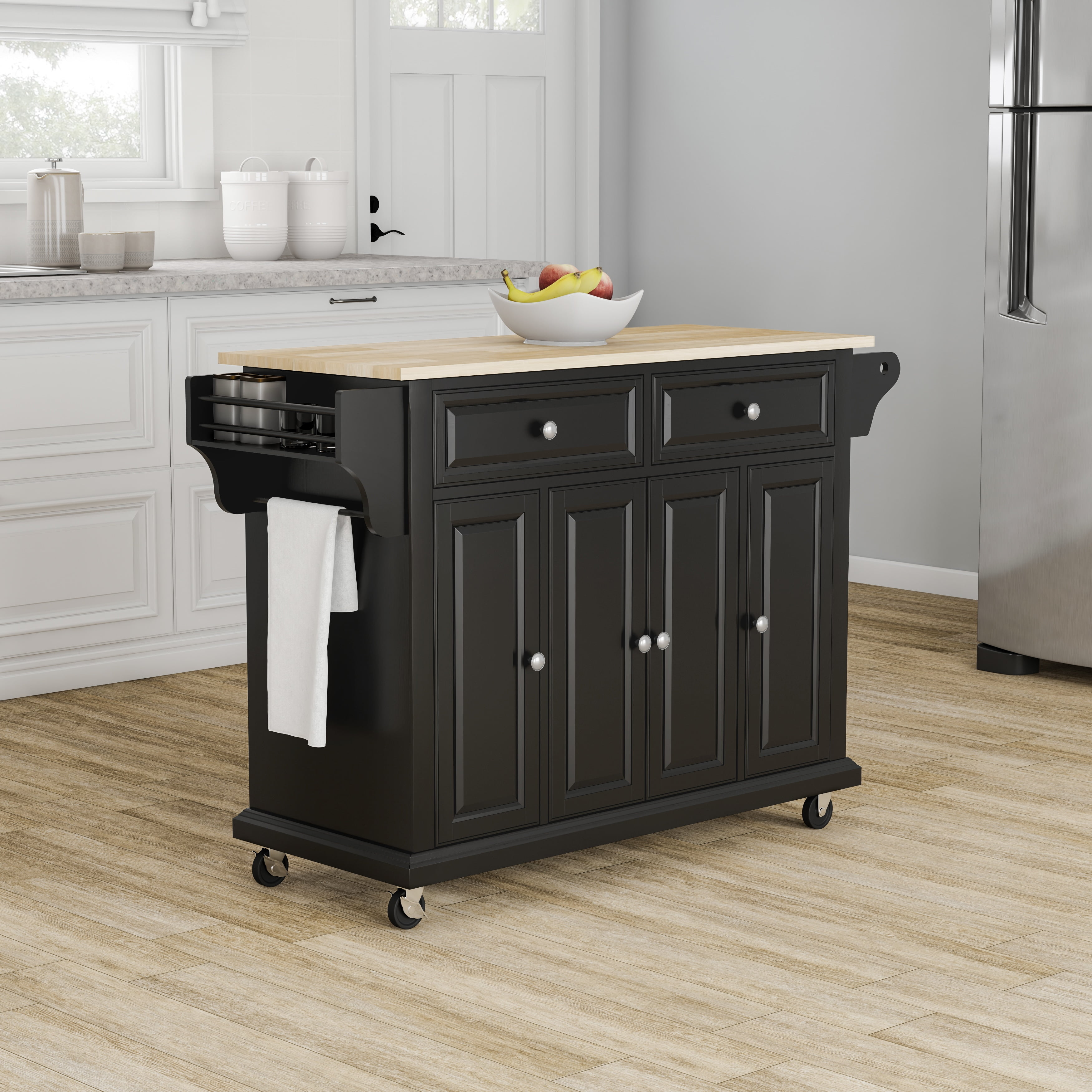 Cambridge 46" Black Kitchen Island with Natural Wood Top and Storage