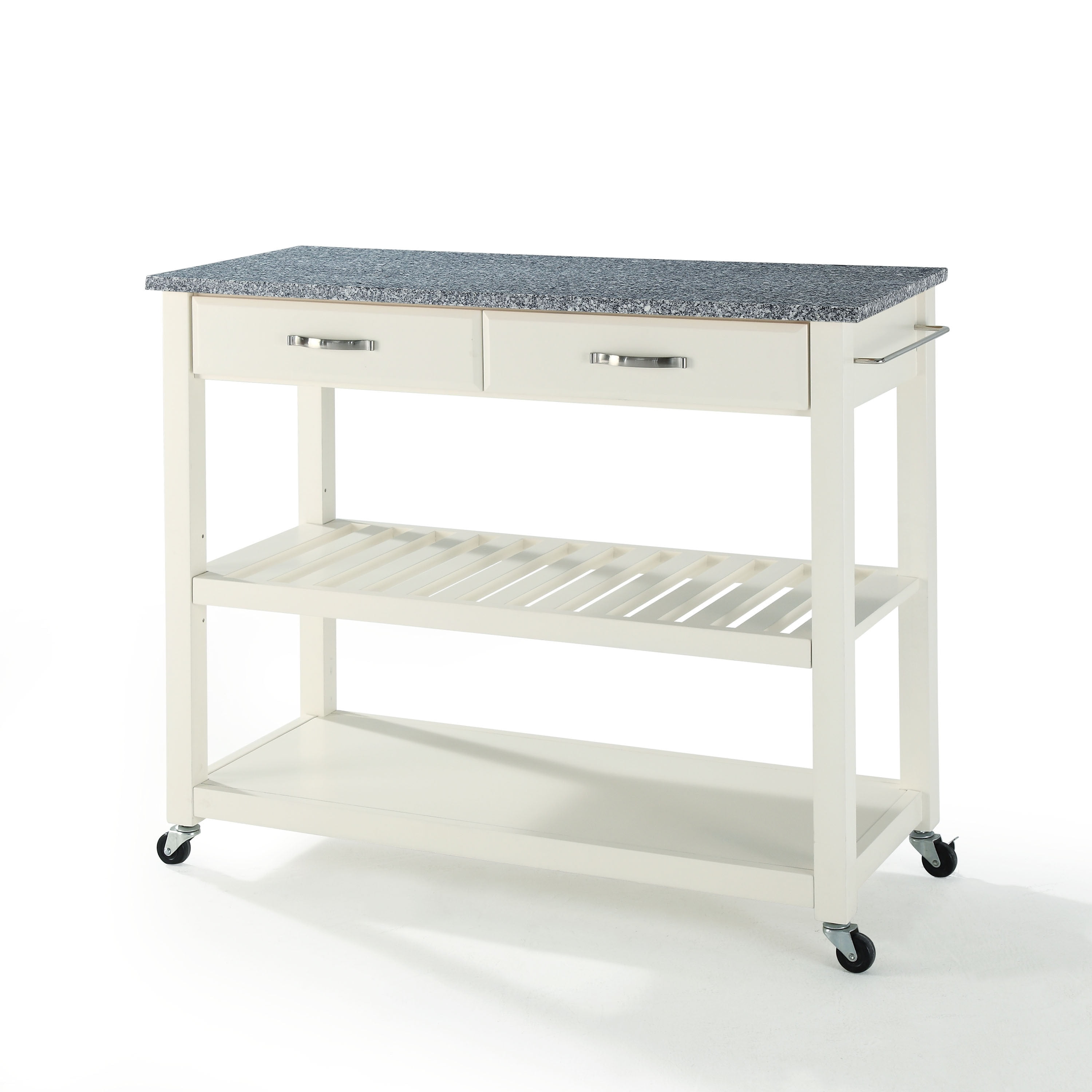 White Granite Top Kitchen Cart with Wine Rack and Storage