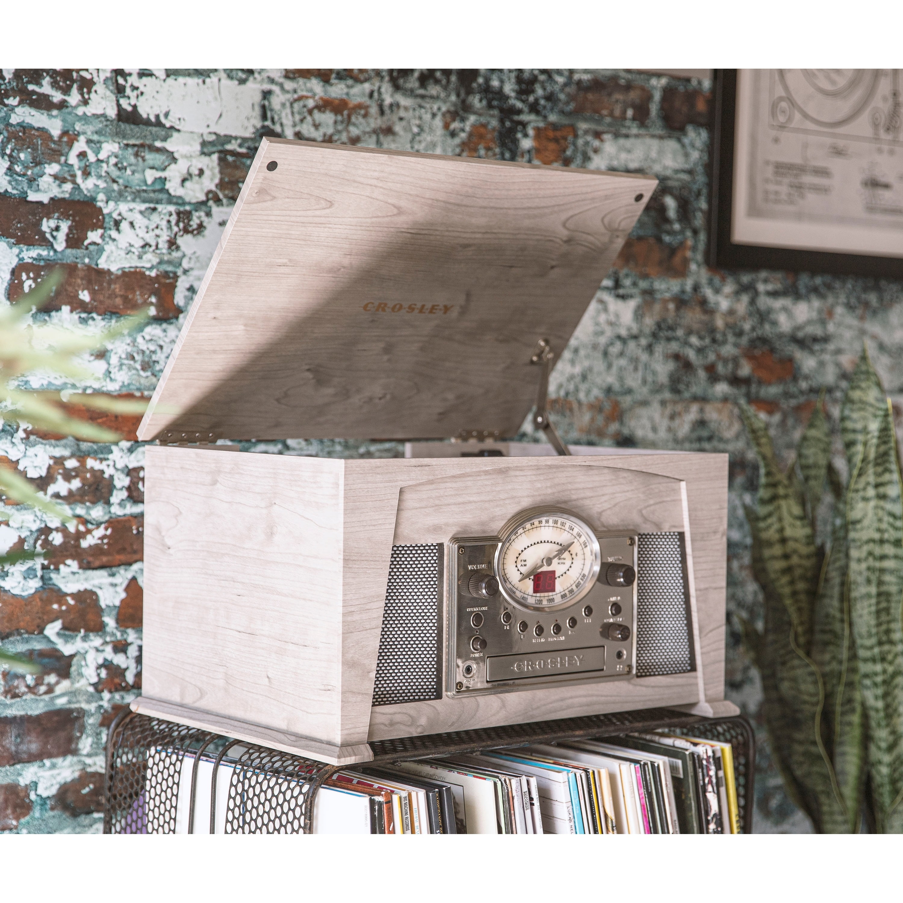 Gray Vintage 8-in-1 Wood Record Player with AM/FM Radio