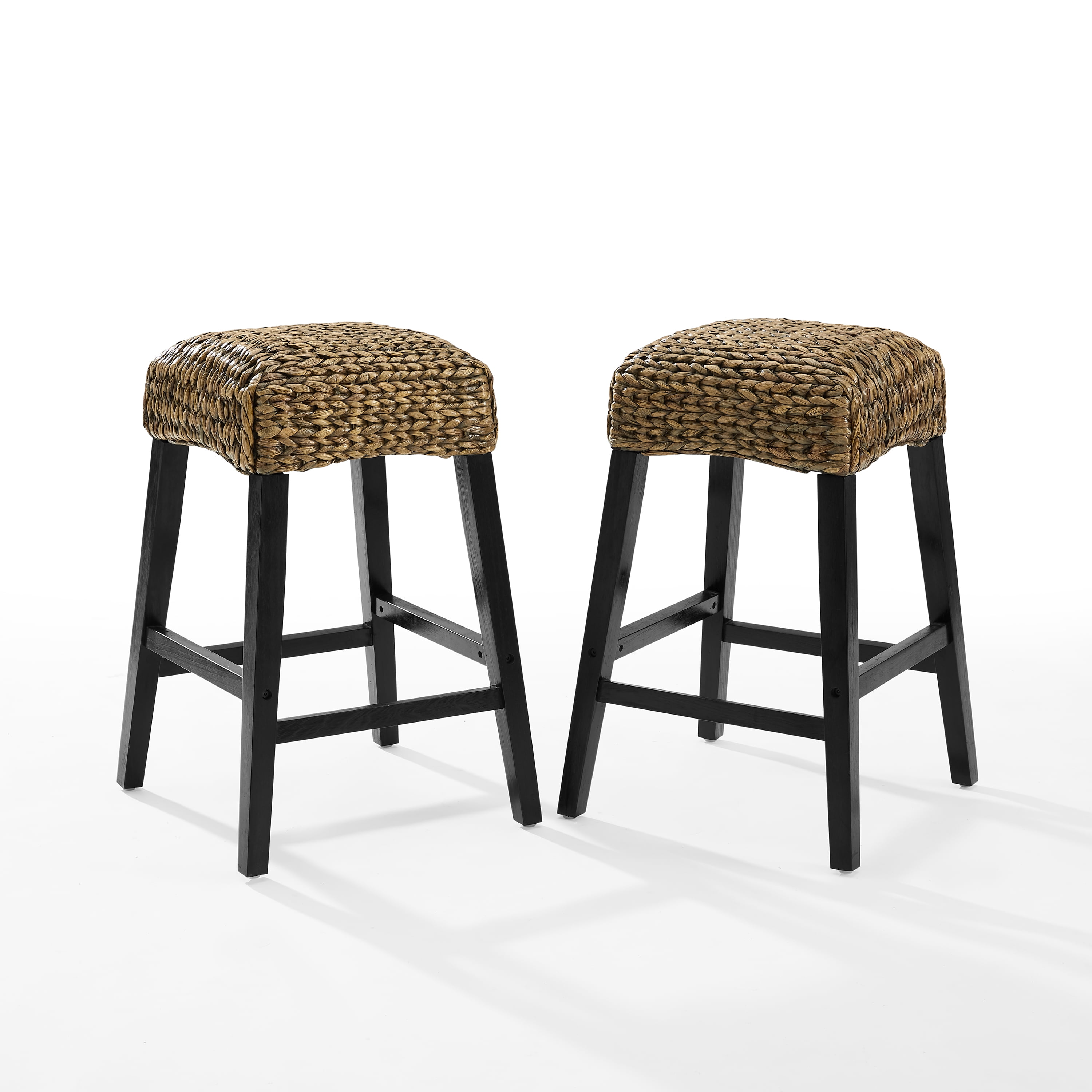 Seagrass Woven Seat Mahogany Frame Backless Barstools, Set of 2