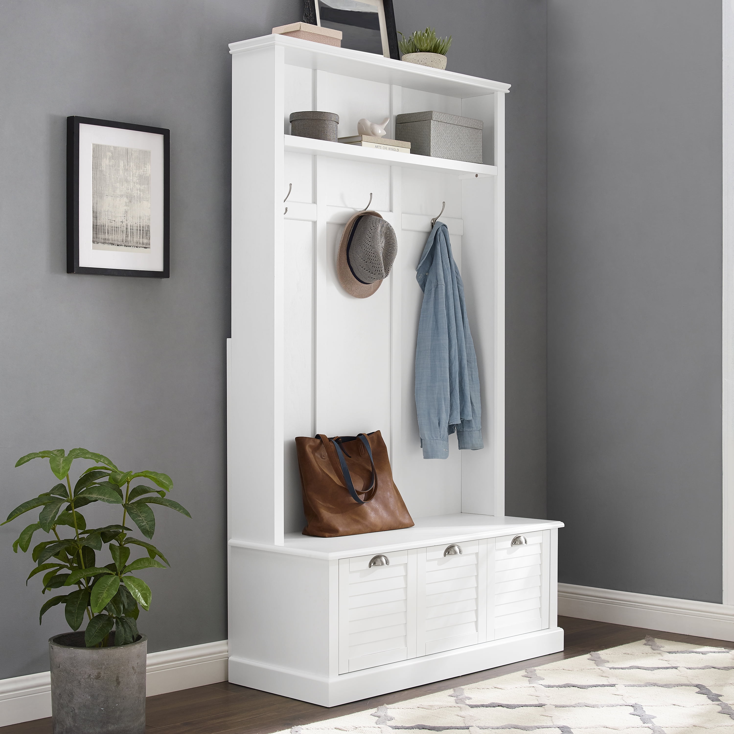 Ellison Classic White Hall Tree with Louvered Storage Bench