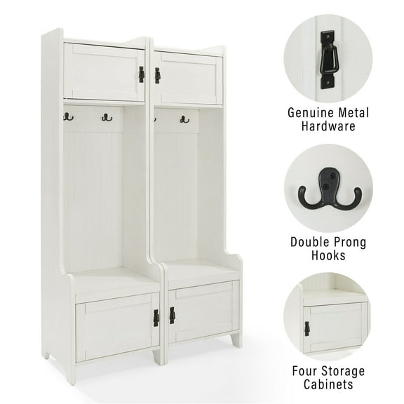 Crosley Furniture Fremont Wood Hall Tree in Distressed White (Set of 2)