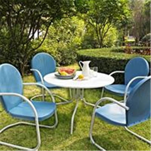 Crosley Furniture Griffith Metal 40 in. Five Piece Outdoor Dining Set - Sky Blue Finish Chairs - 40 in. Dining Table in White Finish