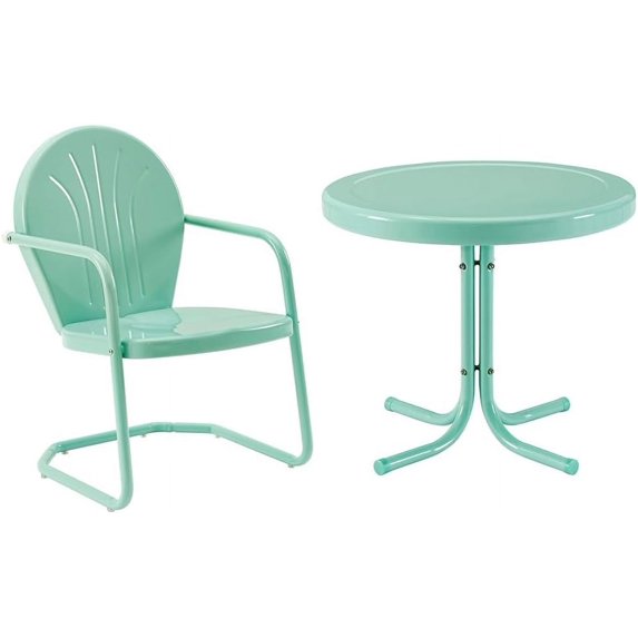 Crosley Furniture Griffith Retro Metal Outdoor Chair (Aqua) and Side Table (Aqua) Bundle