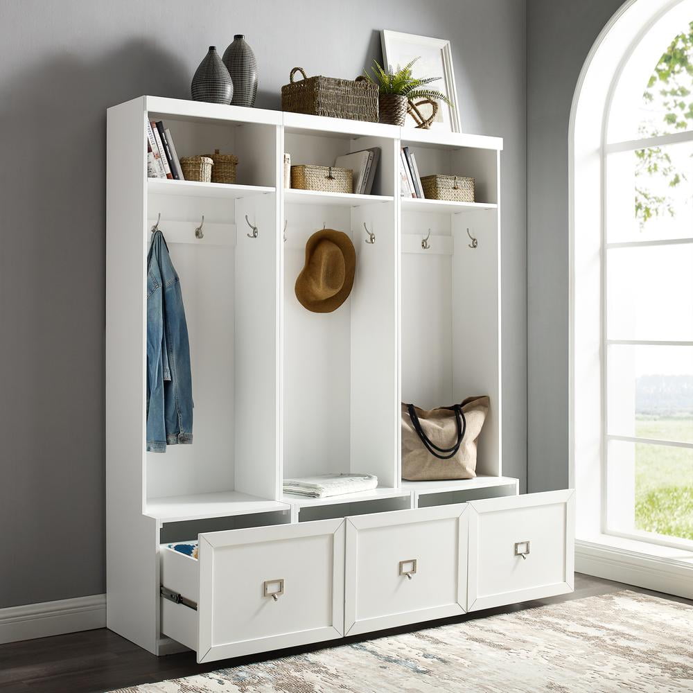 White Hall Tree with Storage Drawers and Hooks